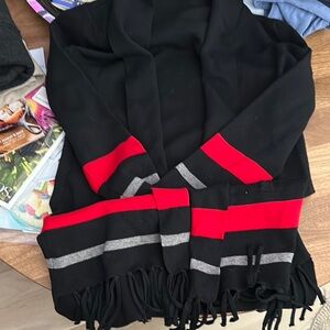 Black Cardigan with Red and Gray Stripes
